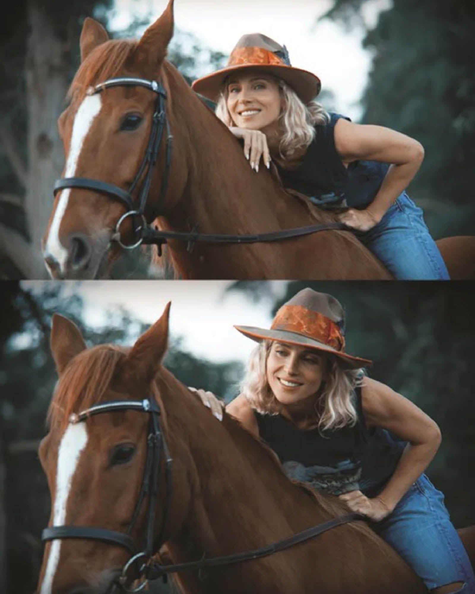 Elsa Pataky wearing The Elsa hat by Fallenbrokenstreet while riding a chestnut horse. Captured outdoors, the image reflects the spirit of the FBS x Elsa Pataky collaboration — effortless, earthy, and elegantly adventurous.