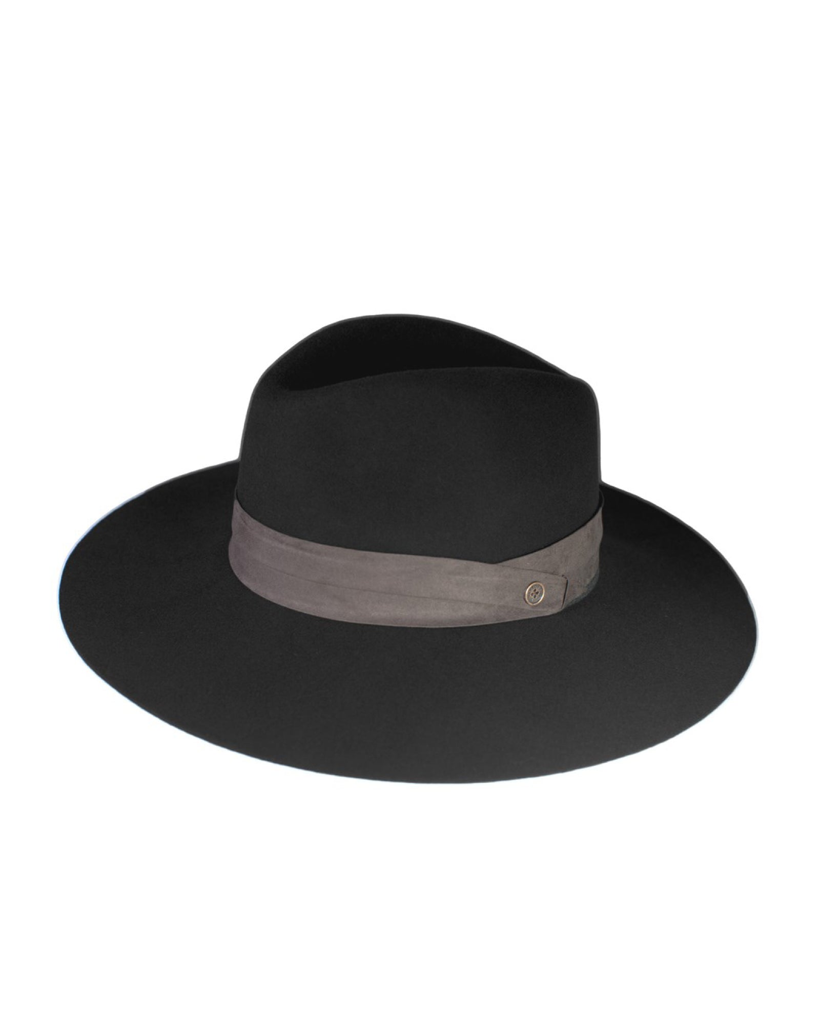 The Moment – Wide in Black felt hat by Fallenbrokenstreet, featuring a bold 120mm brim, structured crown, and contrasting grey ribbon band. Made from