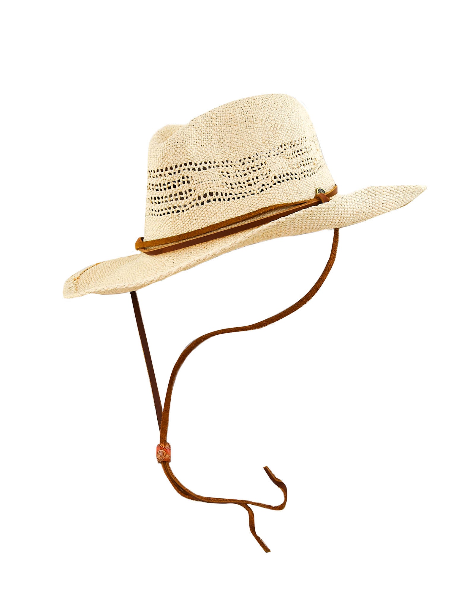 front view Kids vented straw sun hat with leather chin strap and curved brim – The Outrider by Fallenbrokenstreet.