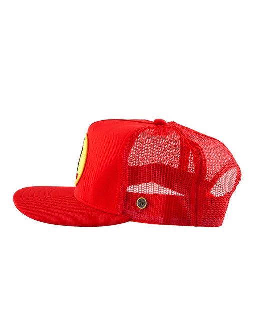 side view Red mesh trucker cap with yellow and black Montana rodeo patch and curved brim – Fallenbrokenstreet.