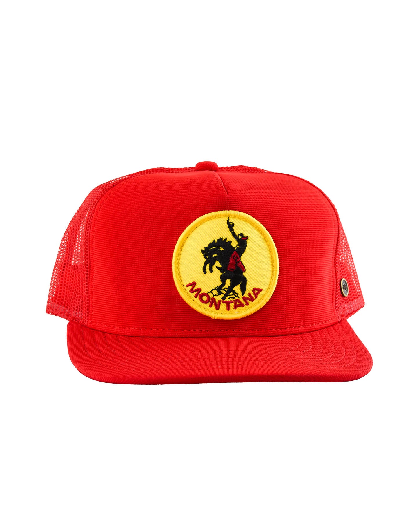 Red mesh trucker cap with yellow and black Montana rodeo patch and curved brim – Fallenbrokenstreet.