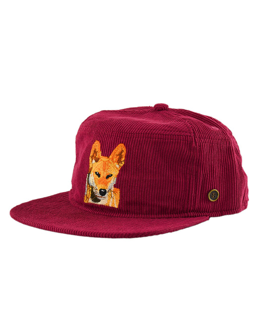 side view Kids red corduroy snapback hat with detailed dingo embroidery on the front and flat brim – Fallenbrokenstreet kids cap.