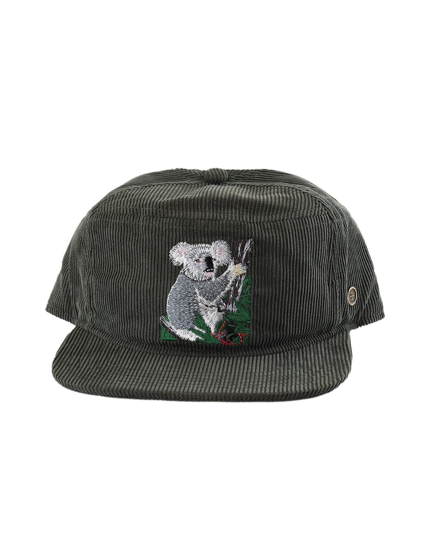 Kids grey corduroy snapback hat with embroidered koala on front, flat brim and classic snap fit – Fallenbrokenstreet kids cap.