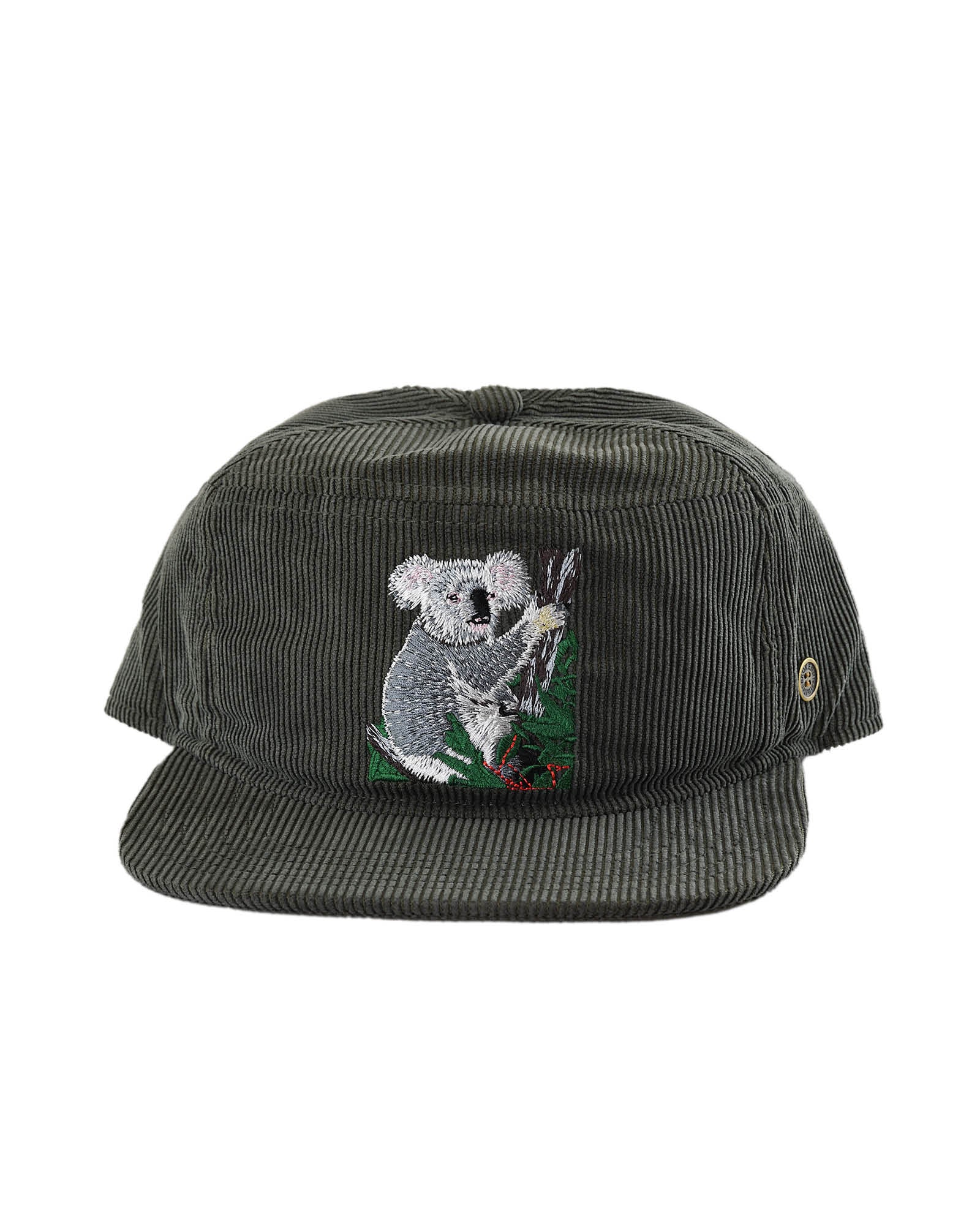 Kids grey corduroy snapback hat with embroidered koala on front, flat brim and classic snap fit – Fallenbrokenstreet kids cap.