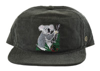 Kids grey corduroy snapback hat with embroidered koala on front, flat brim and classic snap fit – Fallenbrokenstreet kids cap.
