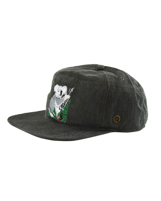 side view Kids grey corduroy snapback hat with embroidered koala on front, flat brim and classic snap fit – Fallenbrokenstreet kids cap.