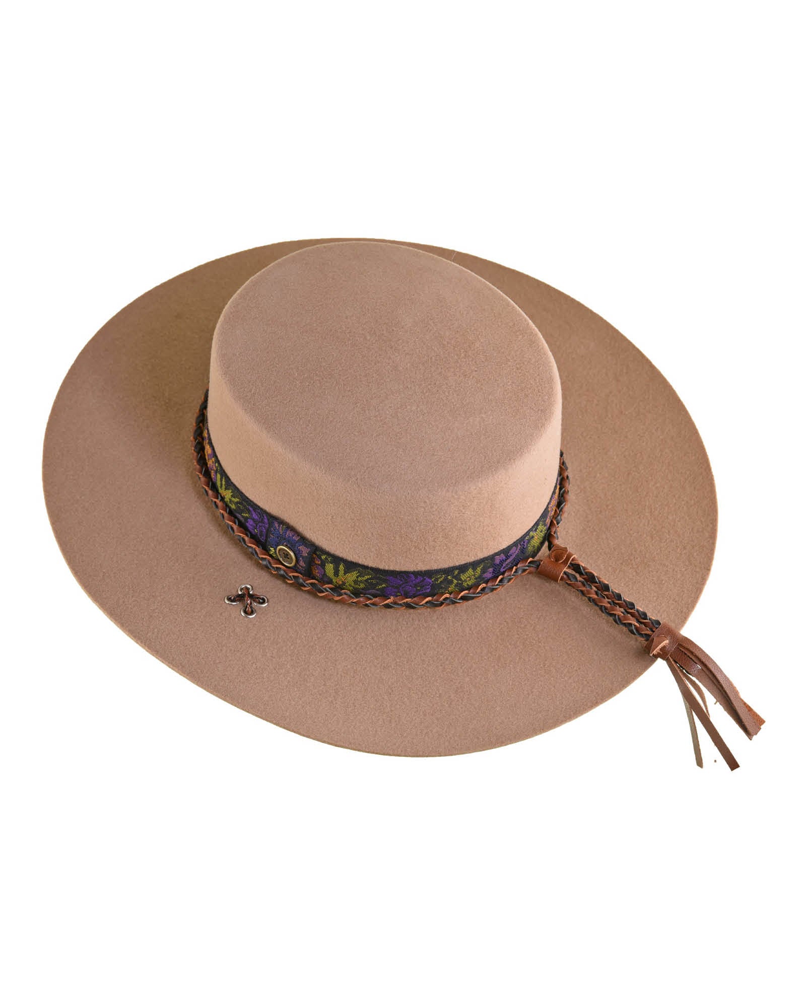 A beige felt hat with a custom ribbon band and a braided leather strap, designed by Angus Stone.