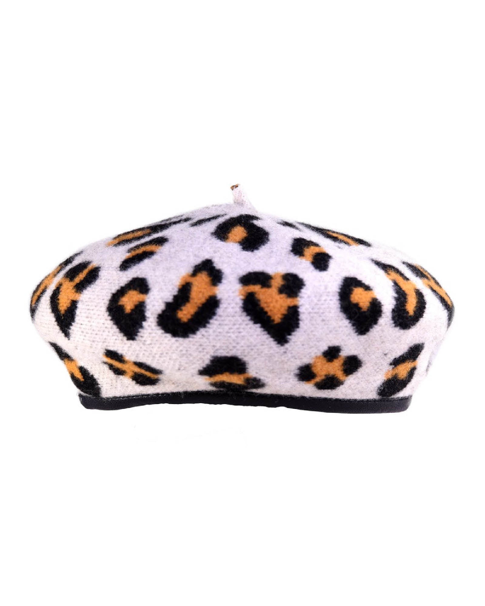 Product studio image of The Château Beret in leopard print with classic leather-bound edge and structured wool silhouette.