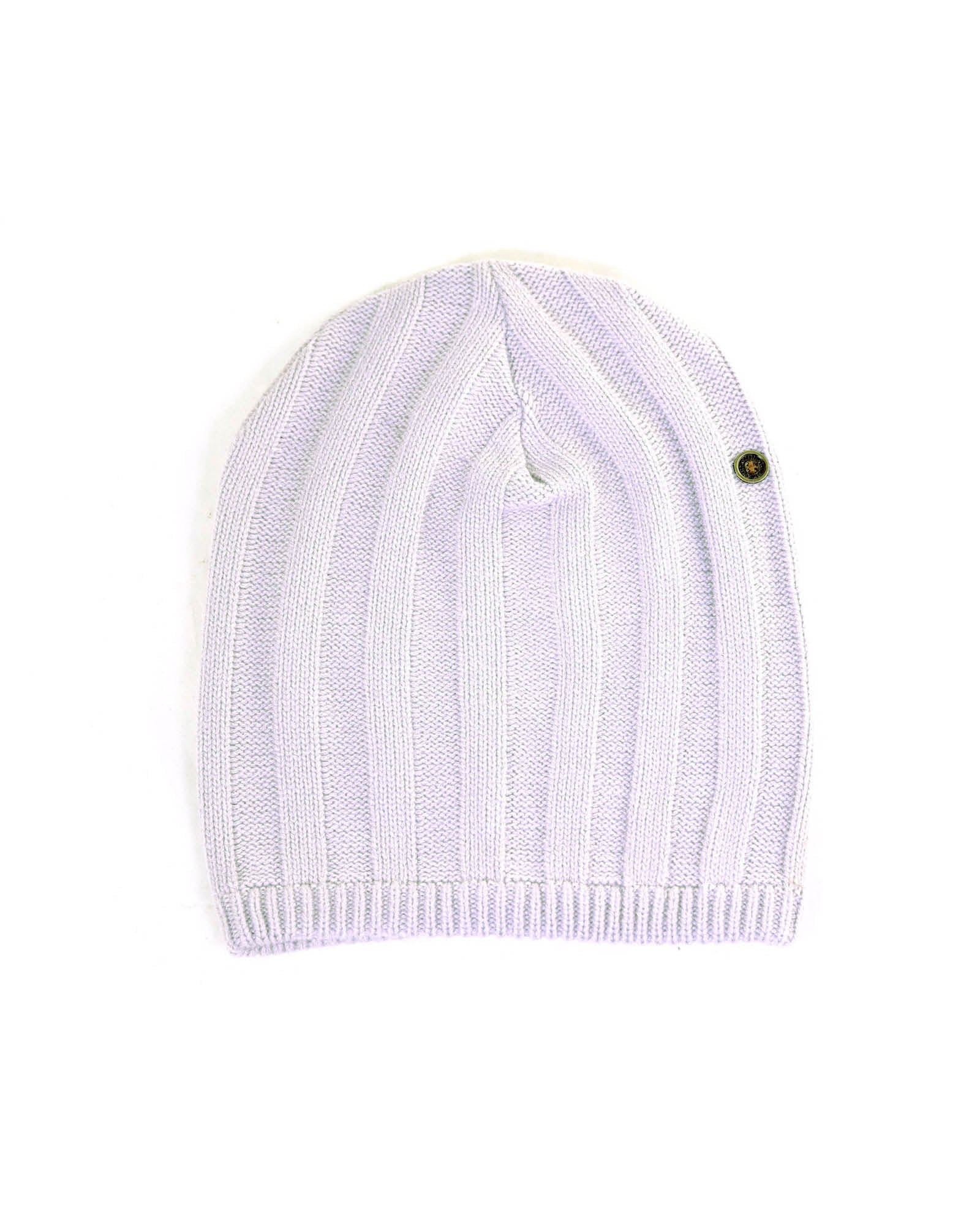 Lightweight ribbed knit beanie in soft grey with signature FallenBROKENstreet metal button, shown flat-lay style on white background.