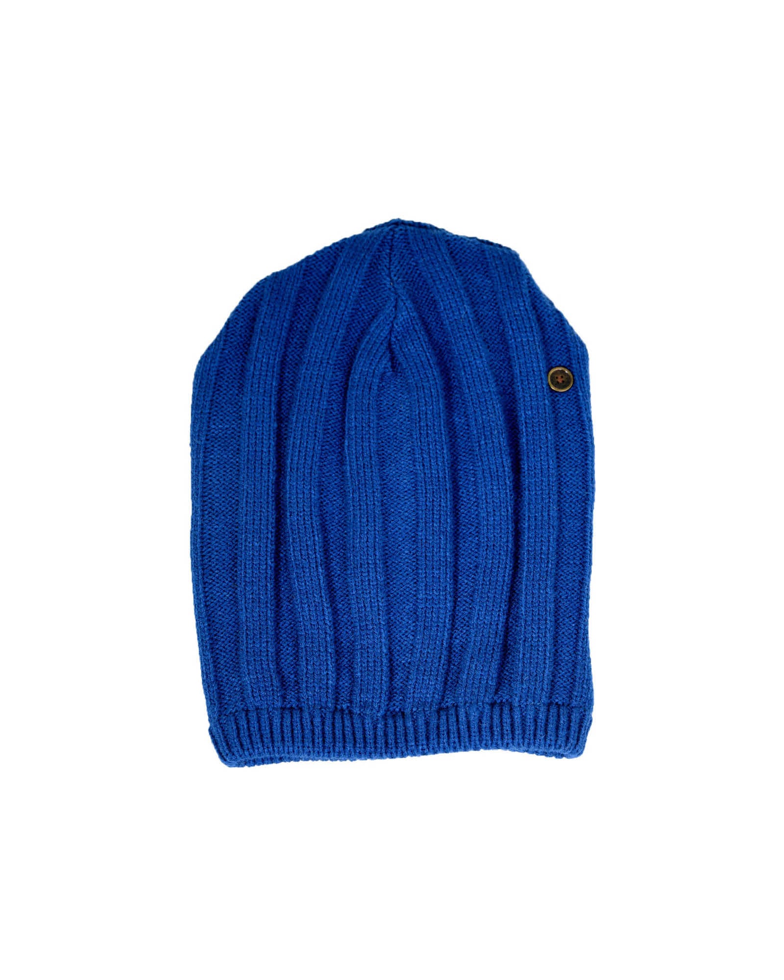 Close-up of the Blend Beanie in blue—lightweight knit with ribbed texture and classic FallenBROKENstreet metal button. Soft acrylic yarn in a relaxed pull-on fit, designed for unisex wear and ideal for 55–59cm heads. A staple for crisp mornings and cool adventures.