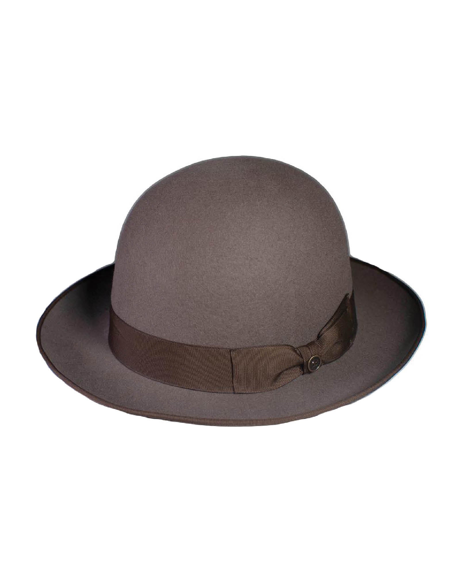 The Bowler Felt Hat by FallenBROKENstreet. 100% Australian wool felt in soft grey with grosgrain ribbon and copper button detail. Structured yet comfortable, featuring a leather inner band with embossed gold logo and UPF 50+ protection.
