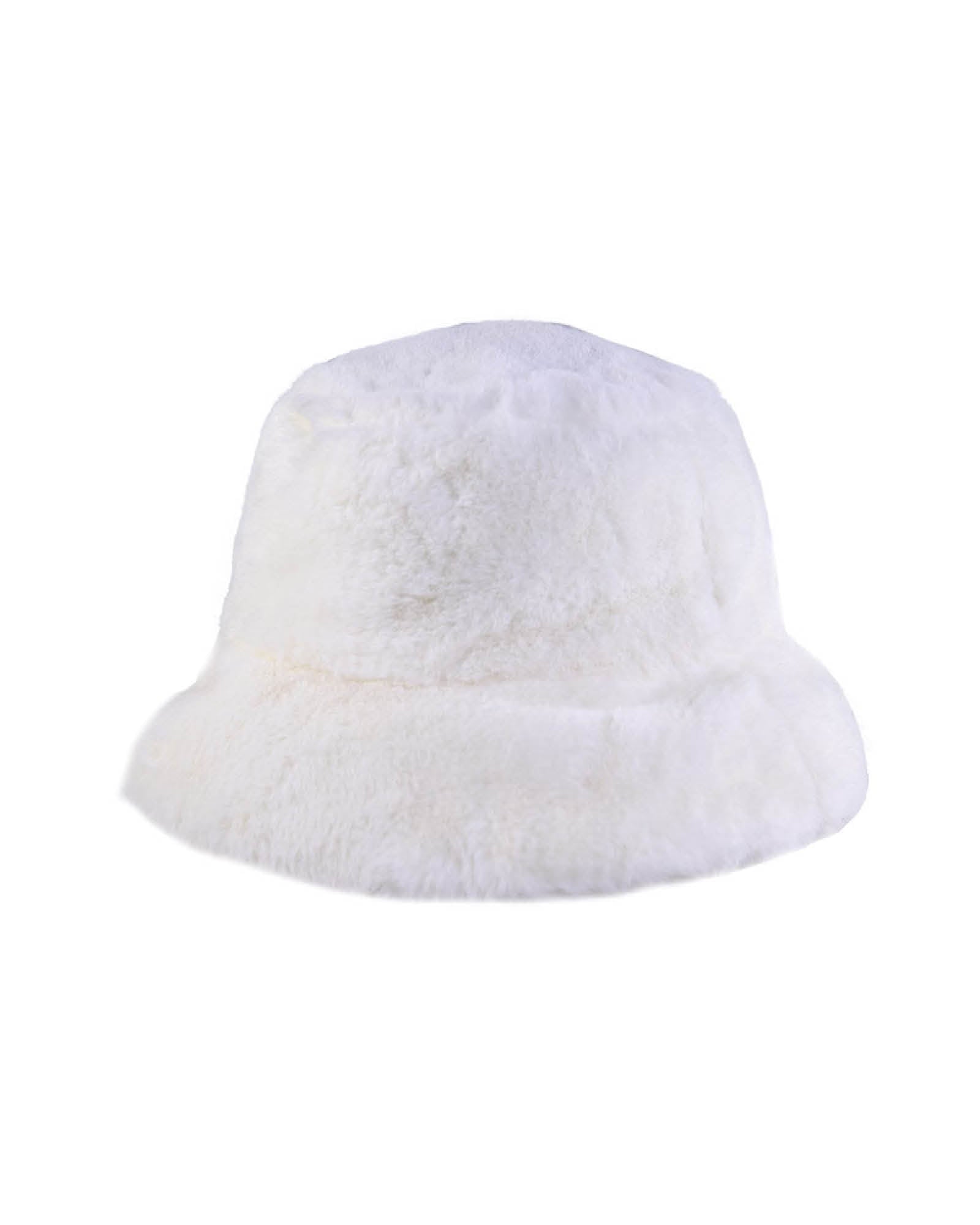 Close-up of the Cosmic Girl Bucket Hat in white faux fur. Ultra-soft plush fabric with a structured floppy brim, designed for unisex wear and maximum cozy impact. Ideal for festivals, winter outfits, and Y2K style fans. Lightweight yet warm, available in S/M, M/L, and L/XL sizes.