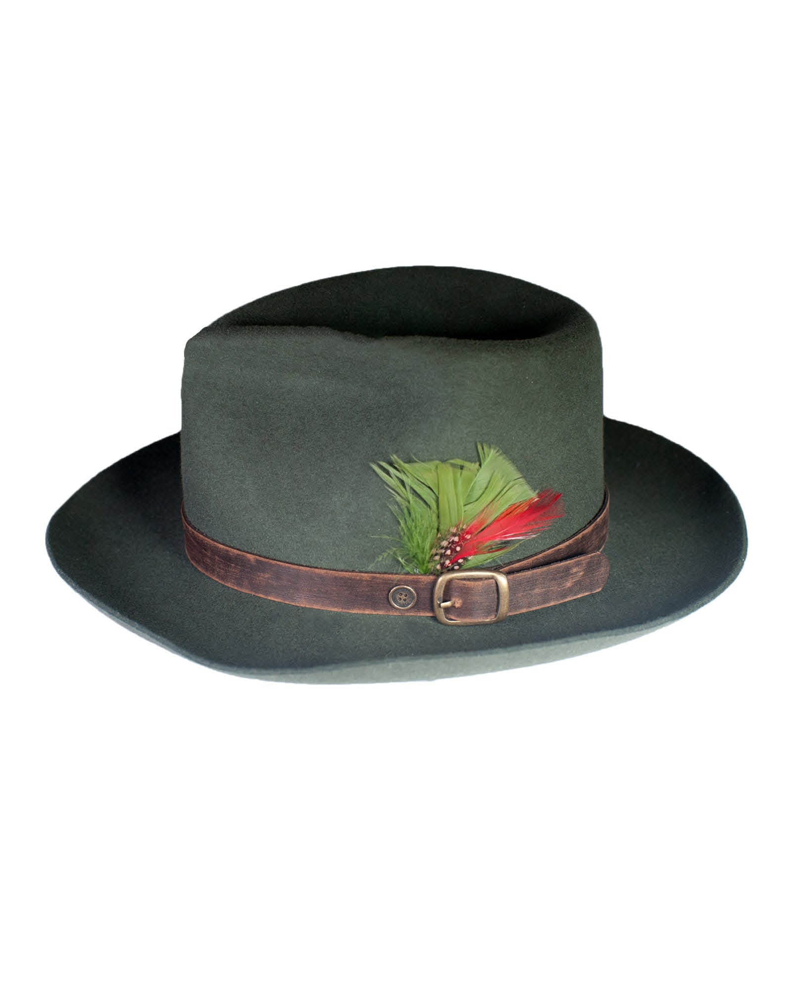 The Bromley Felt Hat – Forest Green by FallenBROKENstreet. Crafted from 100% Australian wool felt with worn leather band, feather accent, and embossed gold Bromley signature.