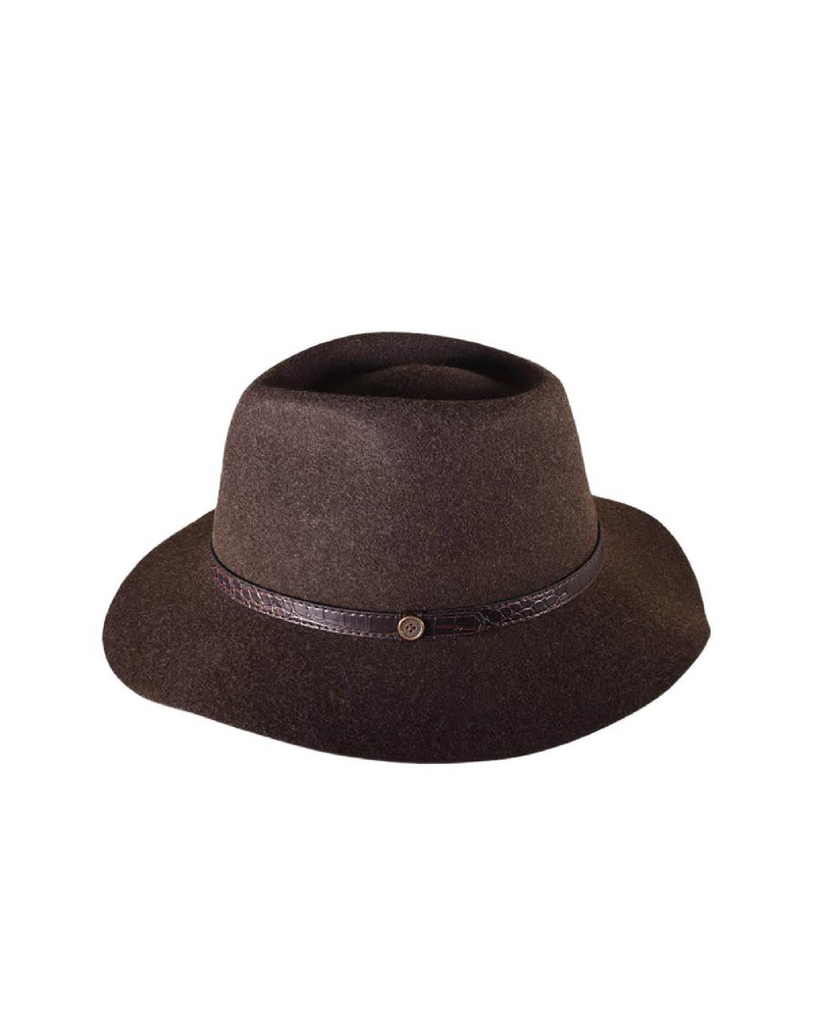 The Crushable Dingo Felt Hat – Mottle Brown by FallenBROKENstreet. Foldable wool felt hat with leather band, branded button, and cotton inner band. Travel-ready unisex design with UPF 50+ protection.
