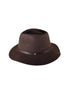 The Crushable Dingo Felt Hat – Mottle Brown by FallenBROKENstreet. Foldable wool felt hat with leather band, branded button, and cotton inner band. Travel-ready unisex design with UPF 50+ protection.