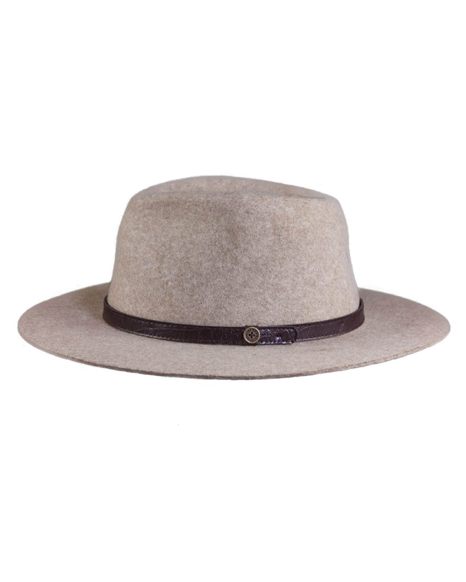 The Dingo Felt Hat in Fawn by Fallenbrokenstreet, shown on white background. A premium 100% Australian wool felt fedora featuring a genuine leather band, cotton inner lining, and wide 70mm brim. Ideal for sun protection and timeless style.