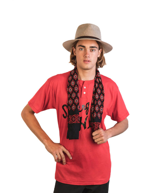 Front view of male model wearing The Dingo in Fawn. The hat’s tall crown and fawn colourway pair seamlessly with casual styling and travel-ready looks. Classic fedora silhouette by Fallenbrokenstreet.