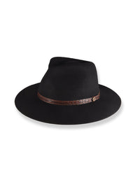 Black fedora hat with a brown band on a white background