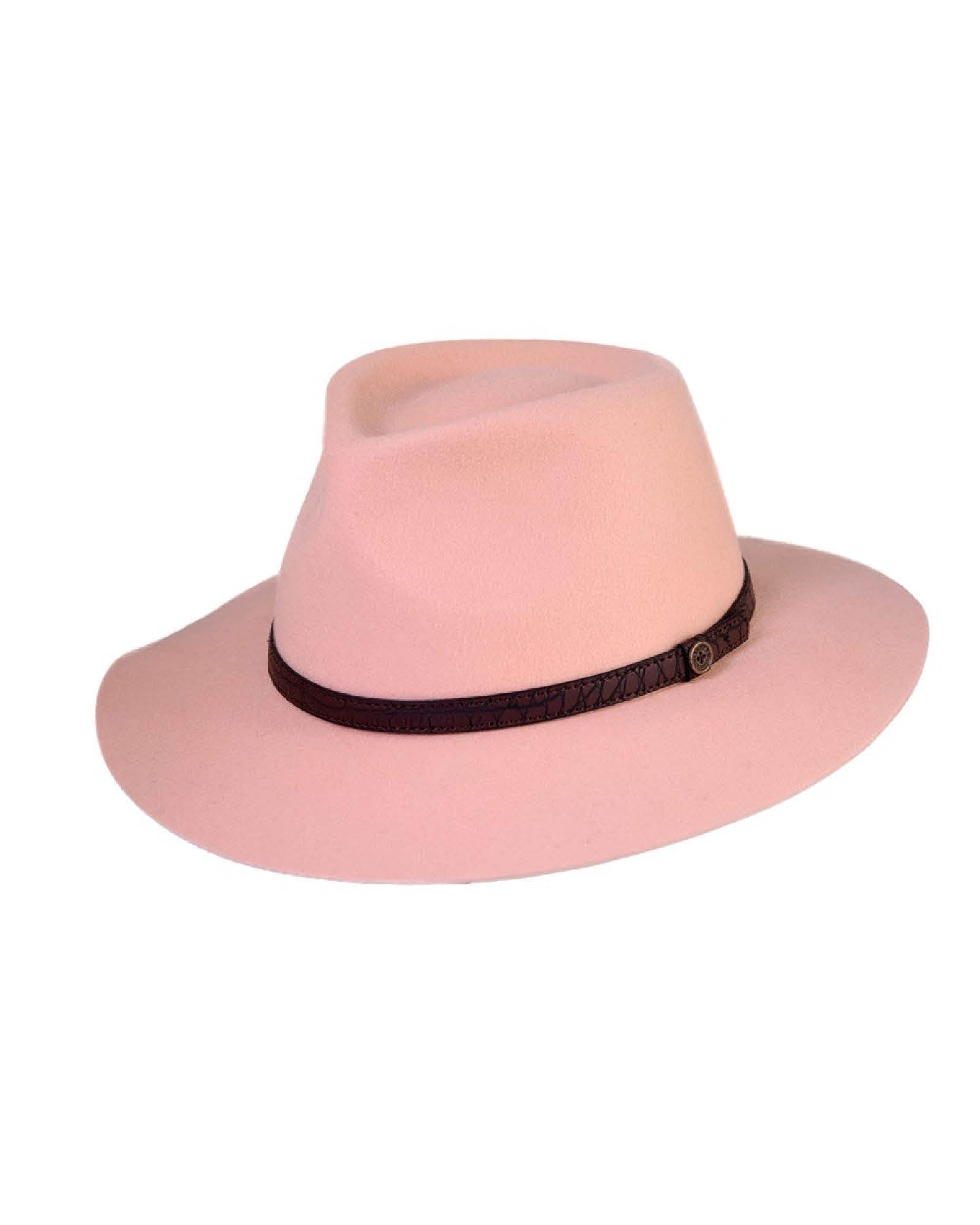 Dingo Felt Hat Peach, 100% Australian wool felt fedora with leather band and UPF 50+.