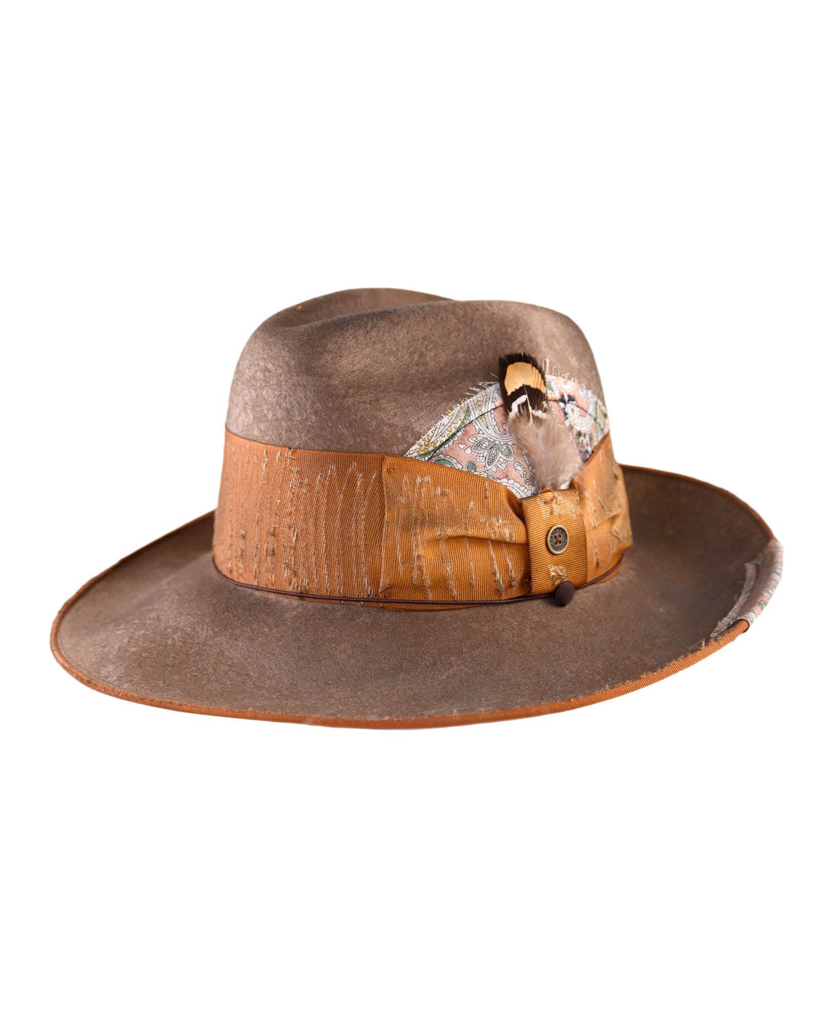 Close-up of the FallenBROKENstreet x Elsa Pataky EP Vintage Hat in Elmwood. Features warm orange tones, vintage patina, and a grosgrain ribbon with feather detail. Handmade from 100% Australian wool felt with a wide brim and high crown design.