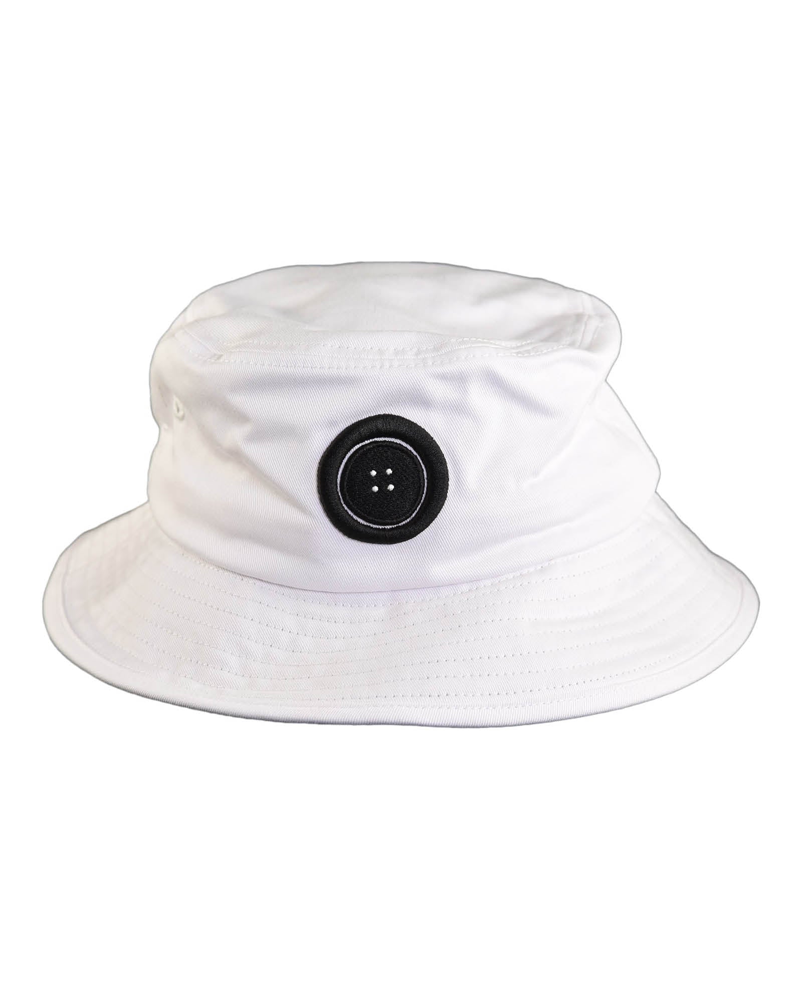 White cotton bucket hat featuring signature black Fallenbrokenstreet button on front. A clean, minimal design perfect for sun protection and relaxed style. Designed in Byron Bay.