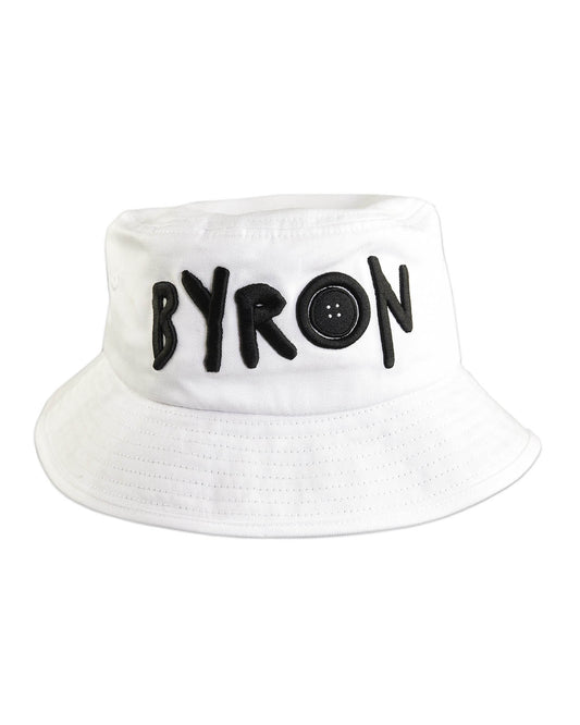Side view of The Rusty – Byron bucket hat in white, showcasing detailed stitching and cotton texture. Designed for laidback adventures with coastal flair.