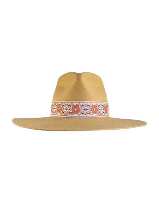front profile of mustard festival hat with floral ribbon band