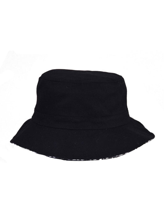 Back view of FlipSide Bucket Hat – Aztec Reversible, showing solid black side. Cotton canvas reversible hat with wide brim and breathable inner band. Versatile unisex bucket hat designed for summer adventures, travel, and sun protection.
