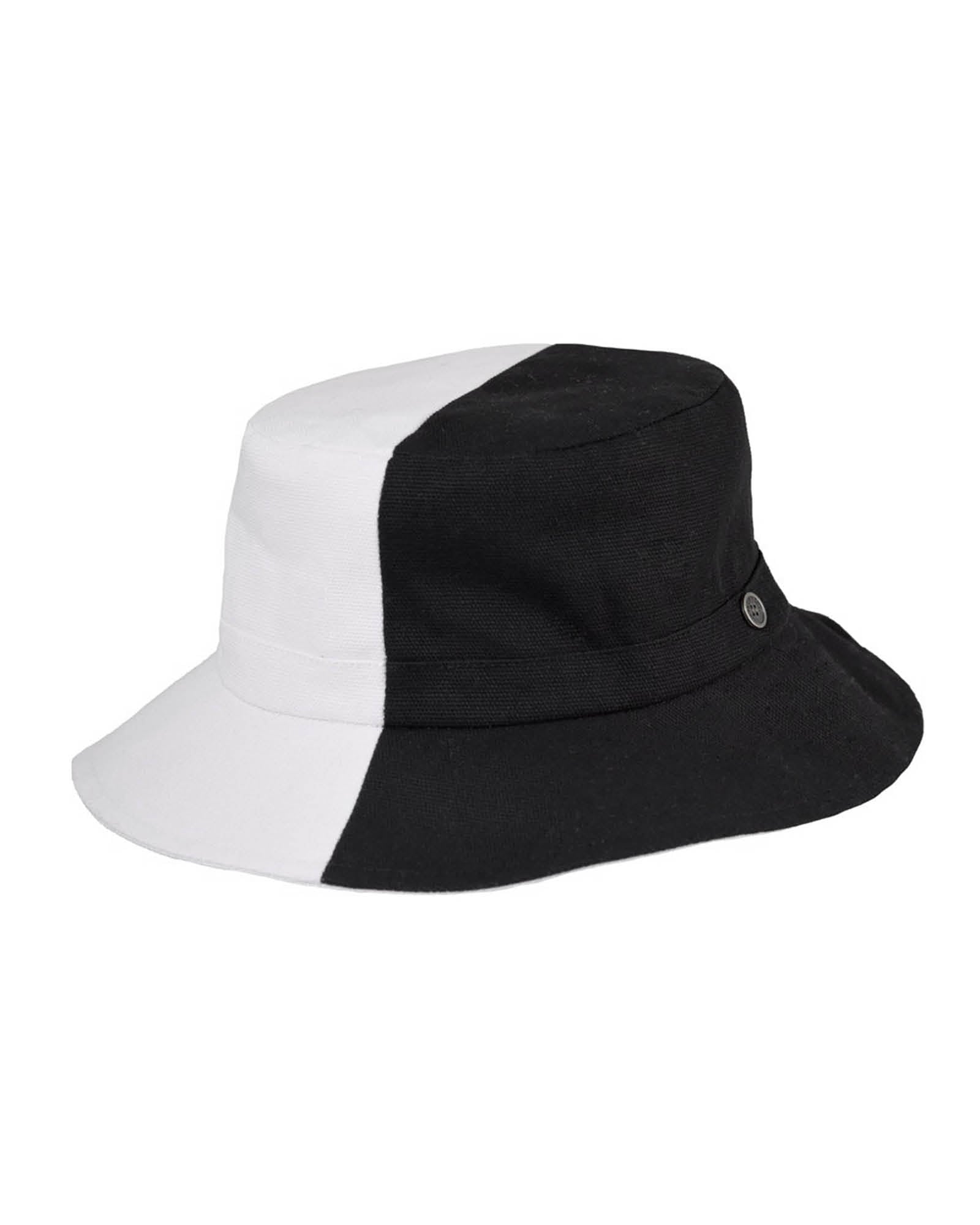 Kids FlipSide Bucket Hat Black/White, reversible cotton canvas design, 53.5cm summer essential.