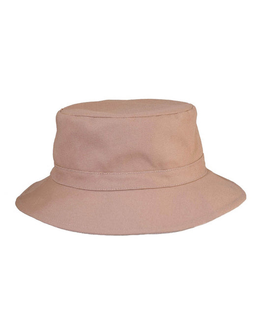 Kids FlipSide Bucket Hat Tan/White, reversible cotton canvas with wide brim, 53.5cm.