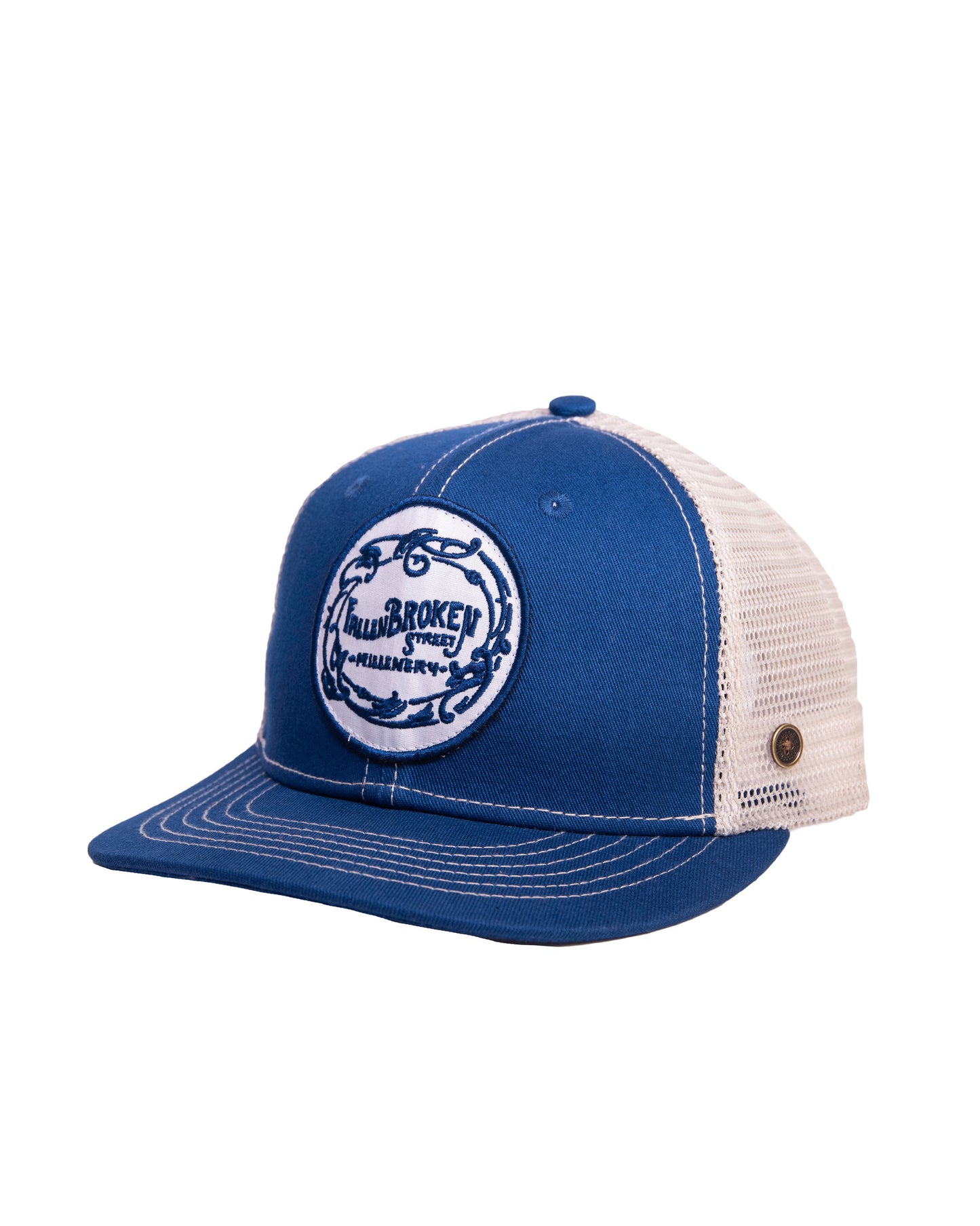 Vintage-inspired blue and white mesh cap with logo patch