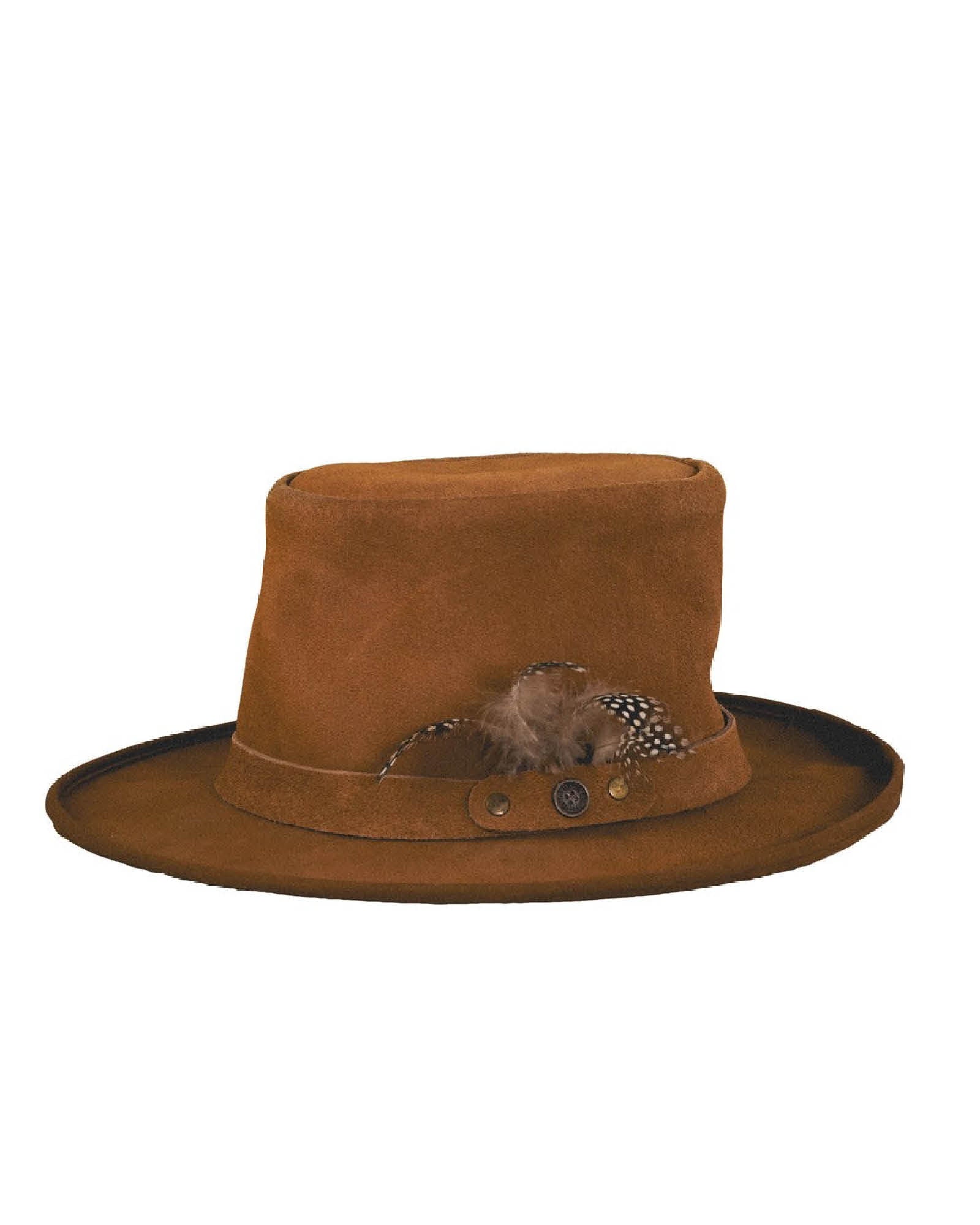 Lennon Leather Hat Suede, wide brim leather hat with feather detail, FallenBROKENstreet.