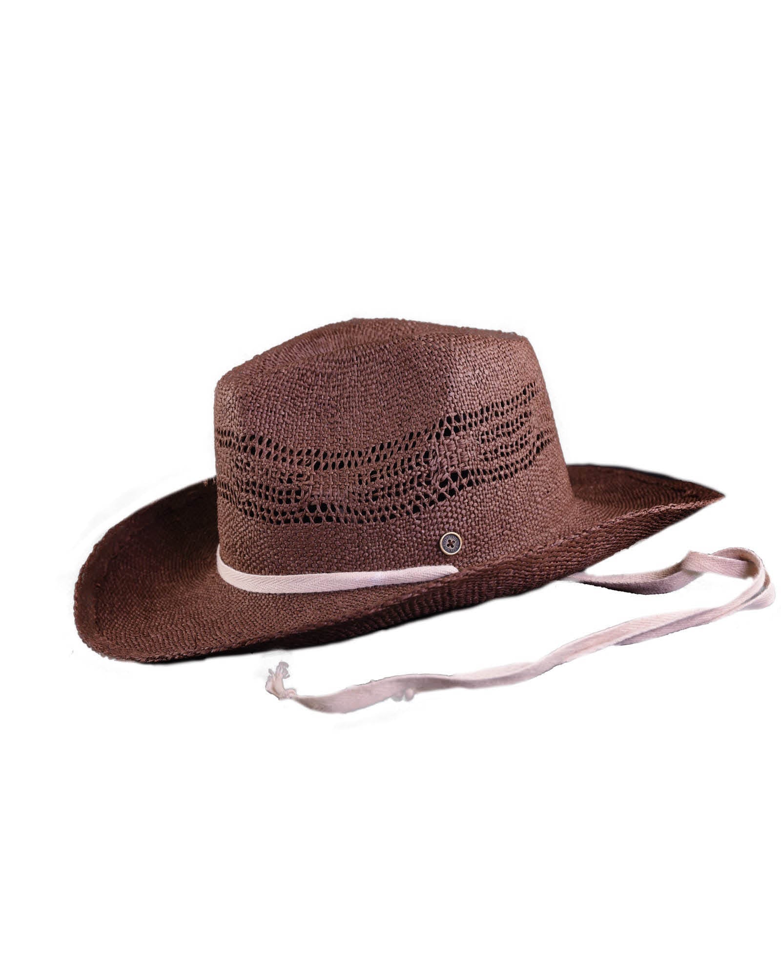 A brown straw hat with a leather inner band, cotton rope band, and adjustable inner wire brim. It has eyelets around the crown and a flat base.