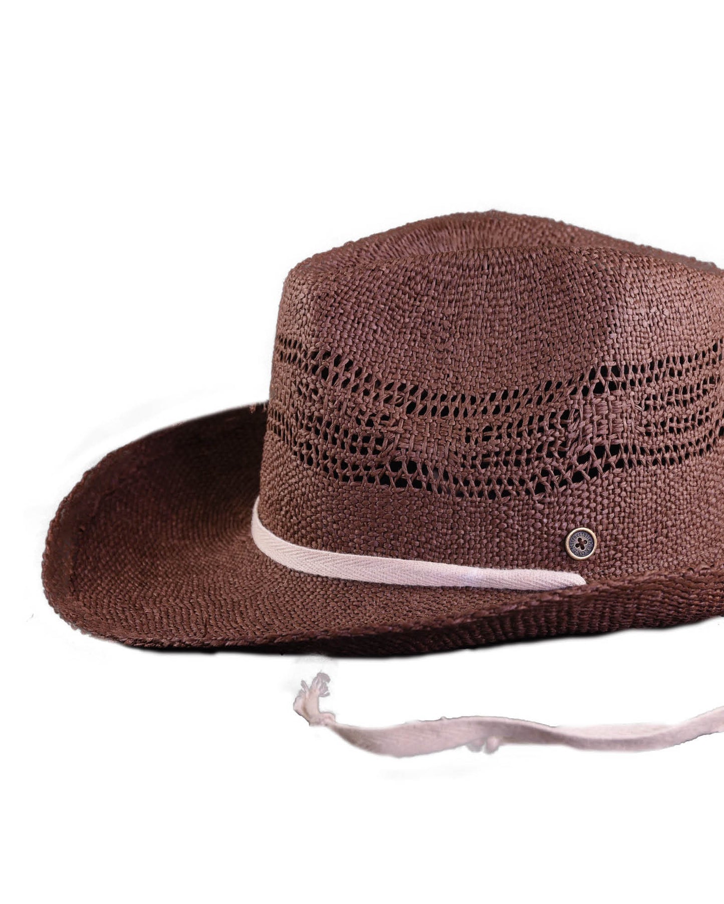 The Lover Straw Hat in rich chocolate brown by Fallenbrokenstreet, featuring a wide brim and tonal ribbon accent. Crafted from natural straw, this hat is styled for sun-soaked adventures, offering shade and effortless elegance. Pictured on a white background to highlight its shape and detailing, with soft textures perfect for summer styling or coastal escapes.