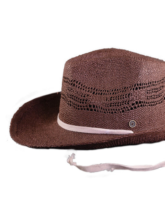 The Lover Straw Hat in rich chocolate brown by Fallenbrokenstreet, featuring a wide brim and tonal ribbon accent. Crafted from natural straw, this hat is styled for sun-soaked adventures, offering shade and effortless elegance. Pictured on a white background to highlight its shape and detailing, with soft textures perfect for summer styling or coastal escapes.
