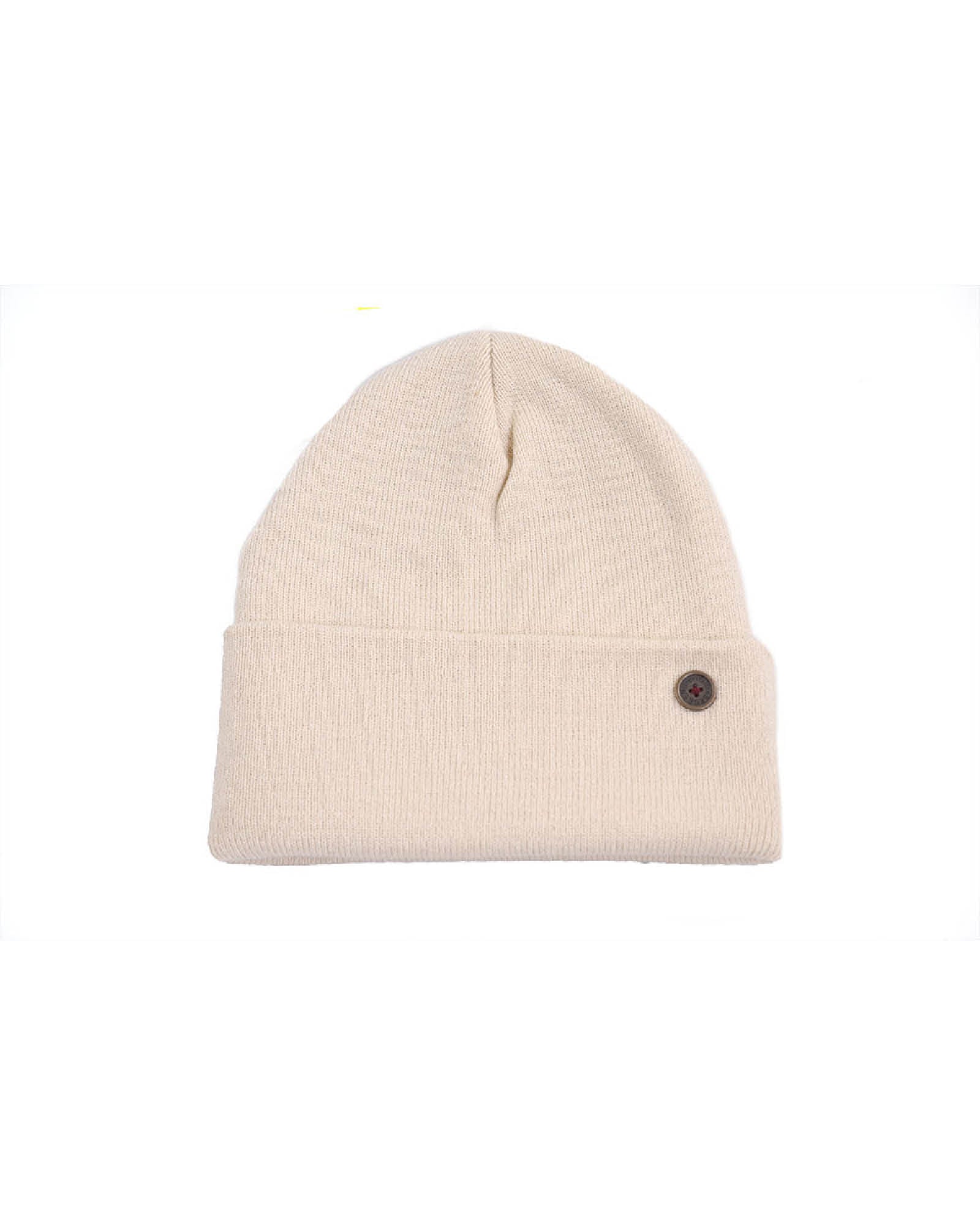 The Lucks Beanie Beige, ribbed knit wool blend with FallenBROKENstreet logo badge on cuff.