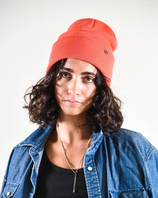 Coral Lucks Beanie in soft fibres, lightweight knit, unisex design with folded cuff.