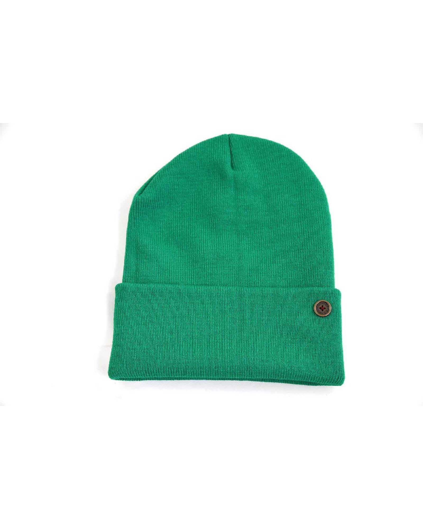 The Lucks Beanie in green by FallenBROKENstreet, photographed flat to show ribbed knit detail, folded cuff, and logo badge. Crafted from a soft wool blend for warmth and comfort, this unisex beanie is designed for versatile streetwear style, coastal living, and year-round layering. A timeless accessory that blends durability with understated fashion.