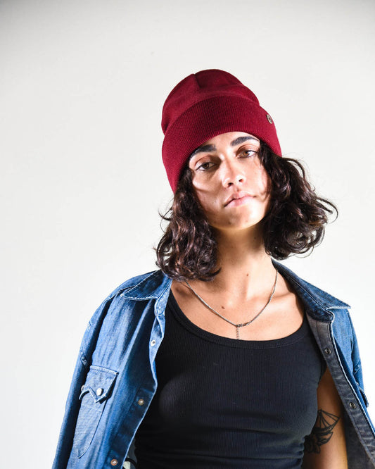 Wine Lucks Beanie in soft wool blend, unisex design with ribbed knit and folded cuff.