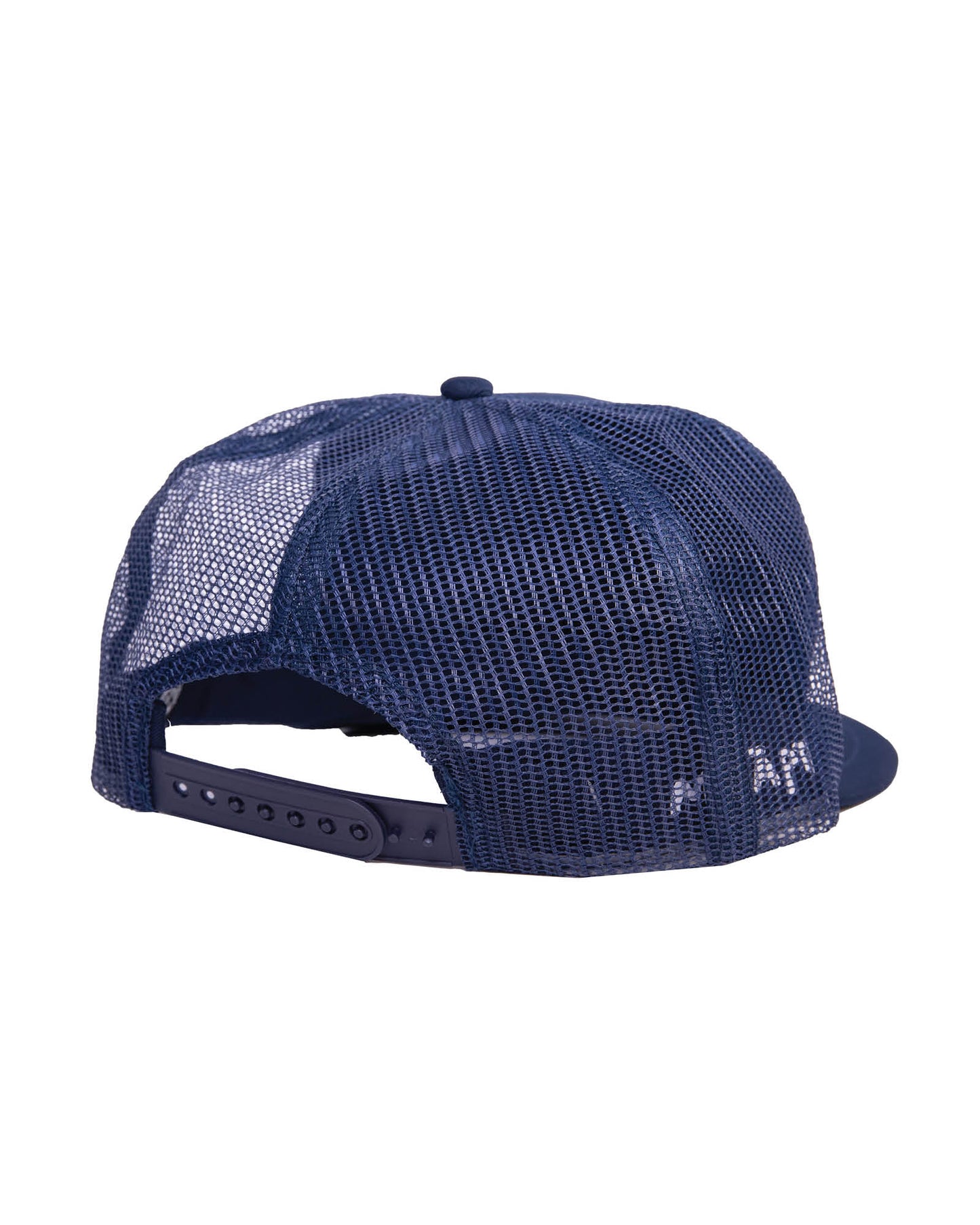 Rear view of Gallery Cap Navy with snapback and mesh detail