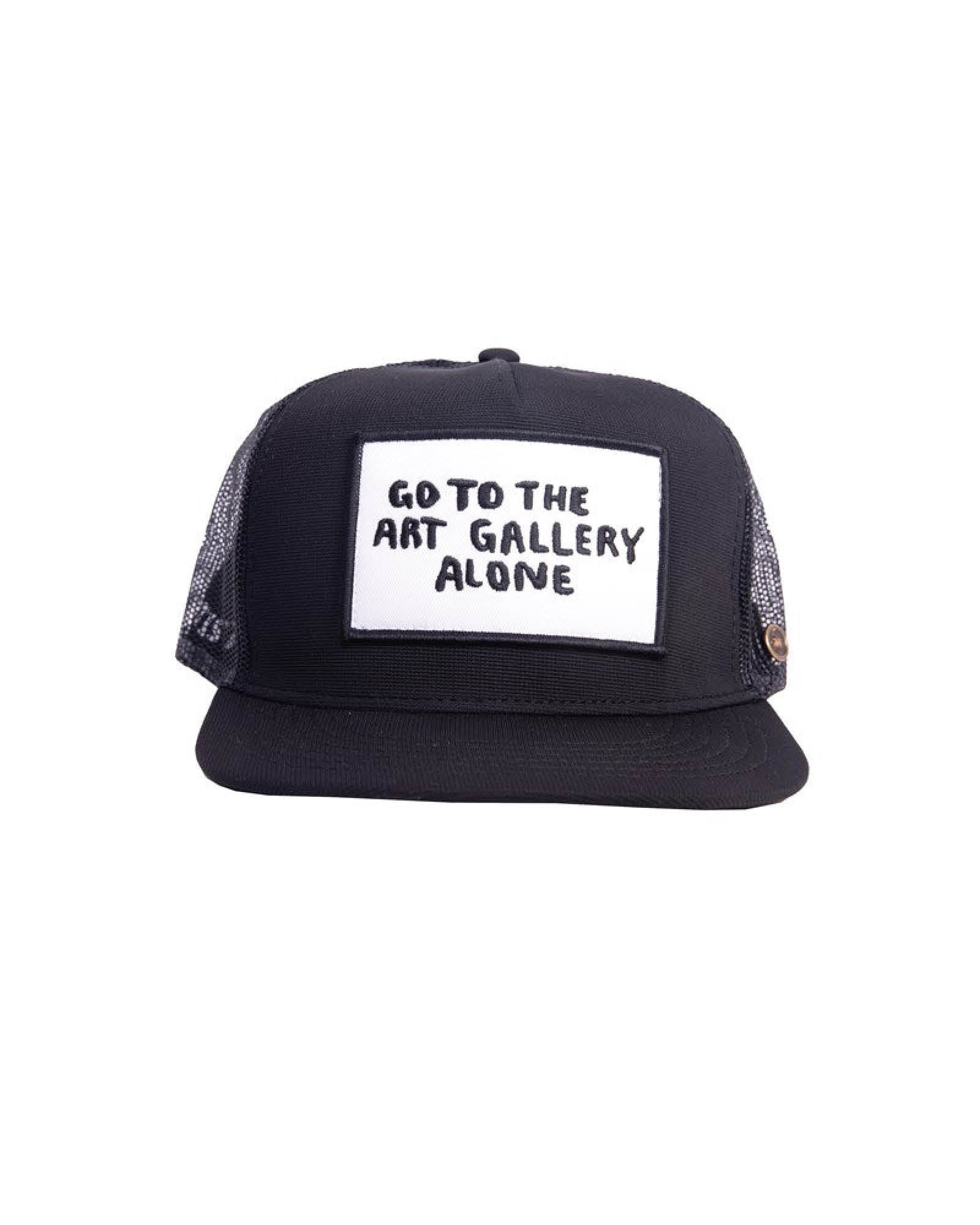 FBS x Marty Baptist Gallery Cap Black front view with embroidered "Go to the art gallery alone" patch