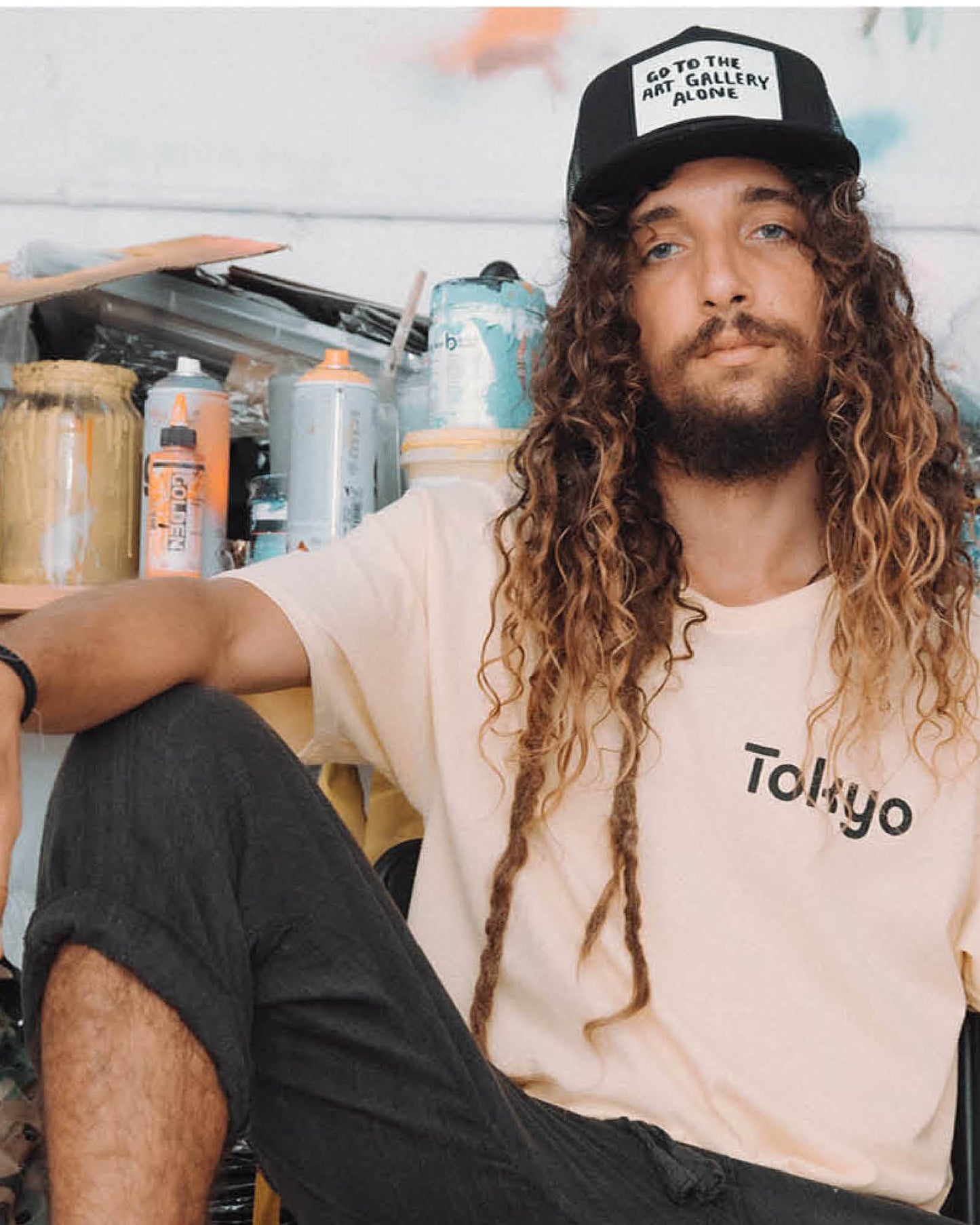 Model wearing Gallery Cap Black by Marty Baptist for FallenBROKENstreet