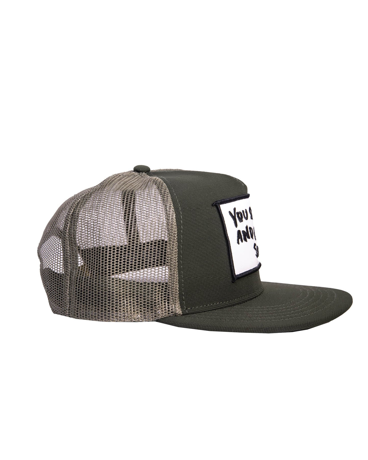 Side angle of Marty Baptist embroidered trucker hat