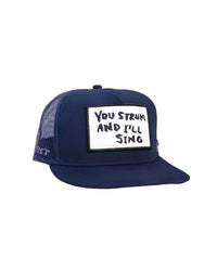 Front view of FBS x Marty Baptist Strum Cap in navy with embroidered patch "You Strum and I’ll Sing"