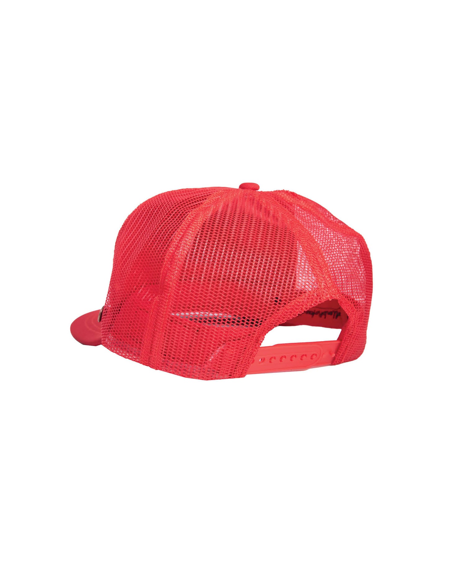 Back view of adjustable snapback Strum Cap in red mesh by FallenBROKENstreet
