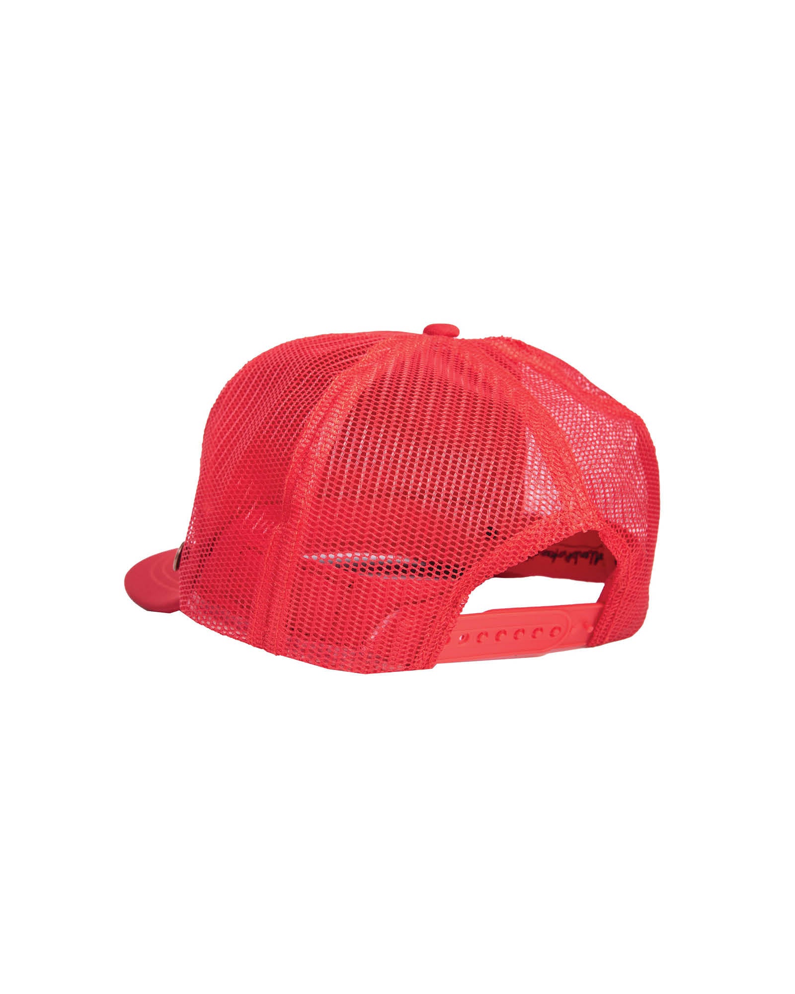 Back view of adjustable snapback Strum Cap in red mesh by FallenBROKENstreet