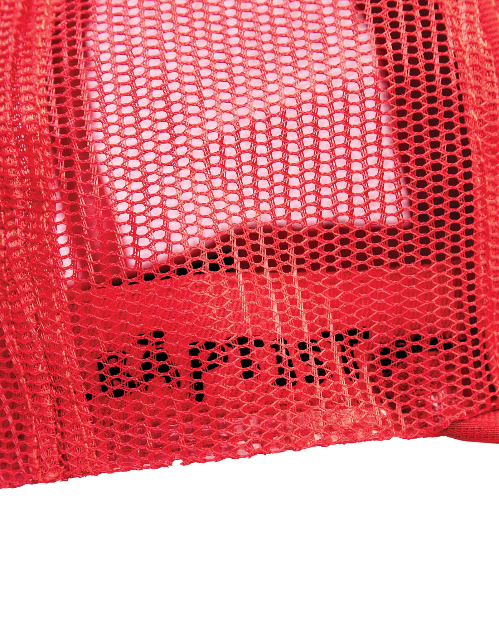 Close-up of red mesh panel with hidden Marty Baptist signature embroidery – FallenBROKENstreet Strum Cap