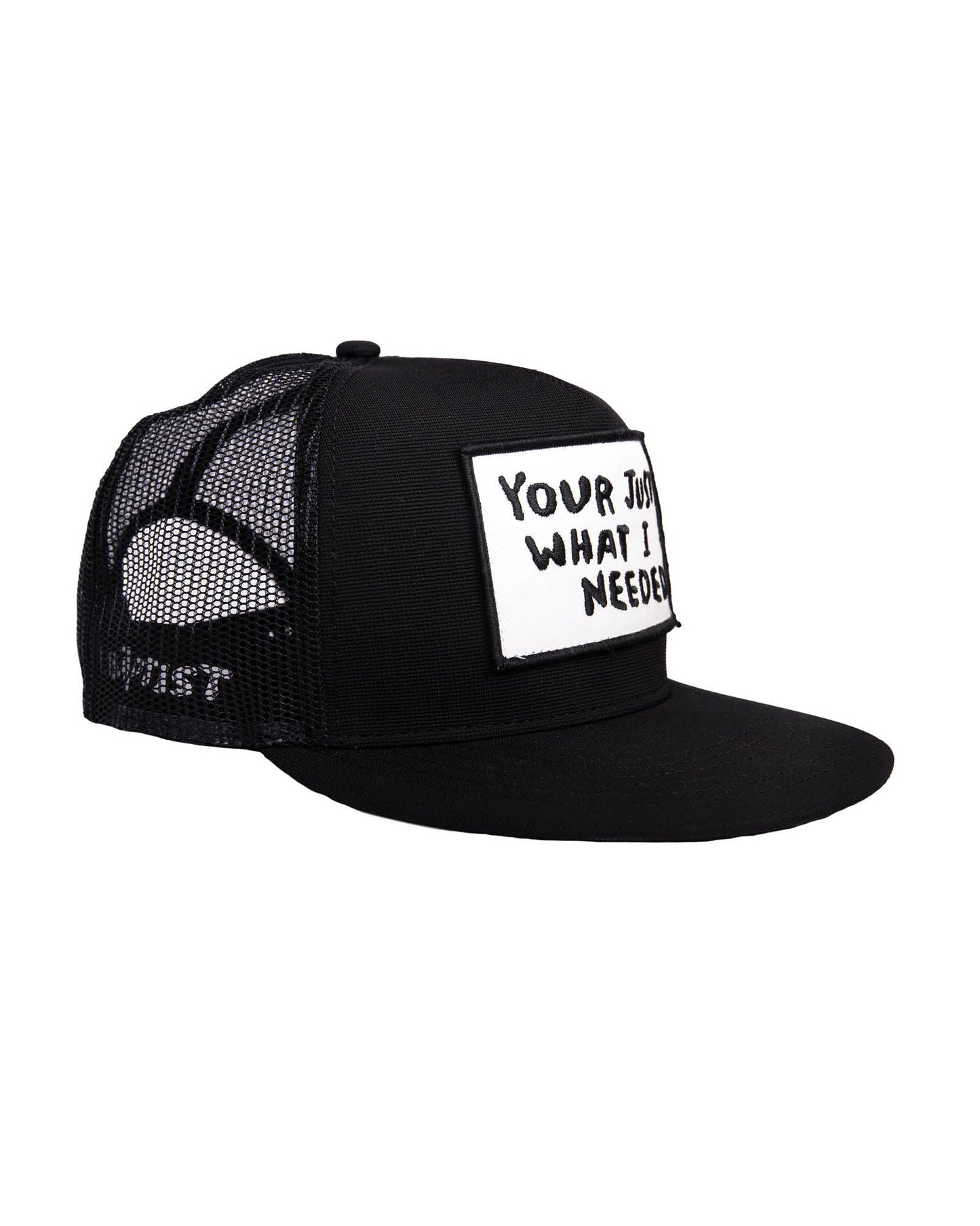 Side profile of black Marty Baptist trucker cap showing patch and mesh detail