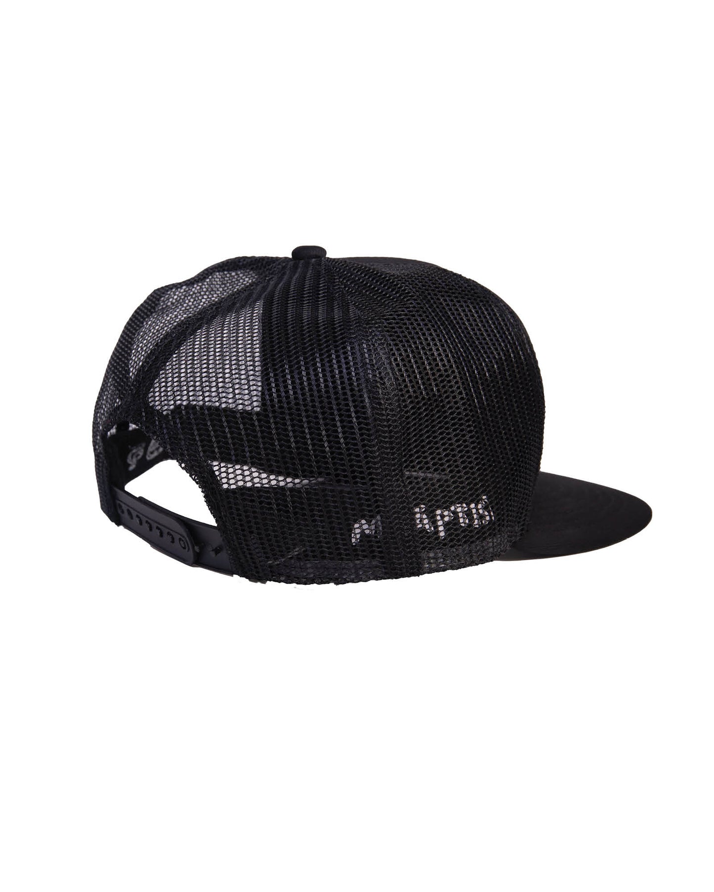 Rear view of black snapback cap with breathable mesh and flat brim