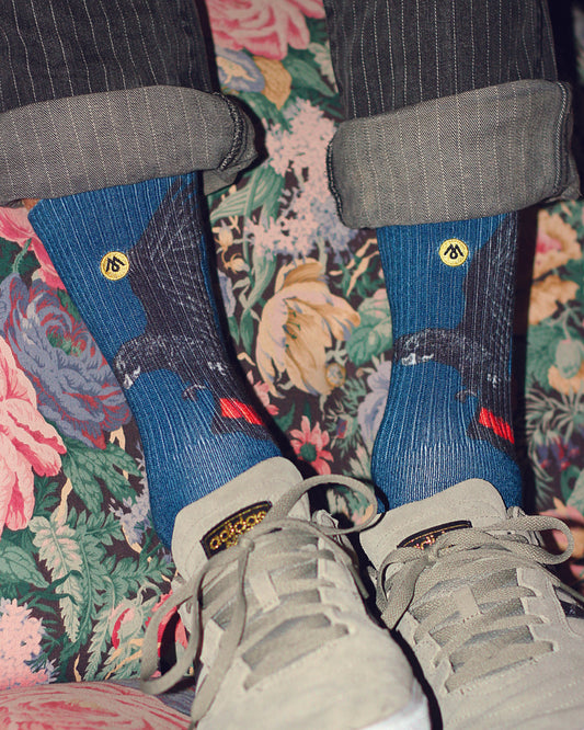 Premium crew socks by Mennie, Red Tailed Black Cockatoo design, Byron Bay creation.